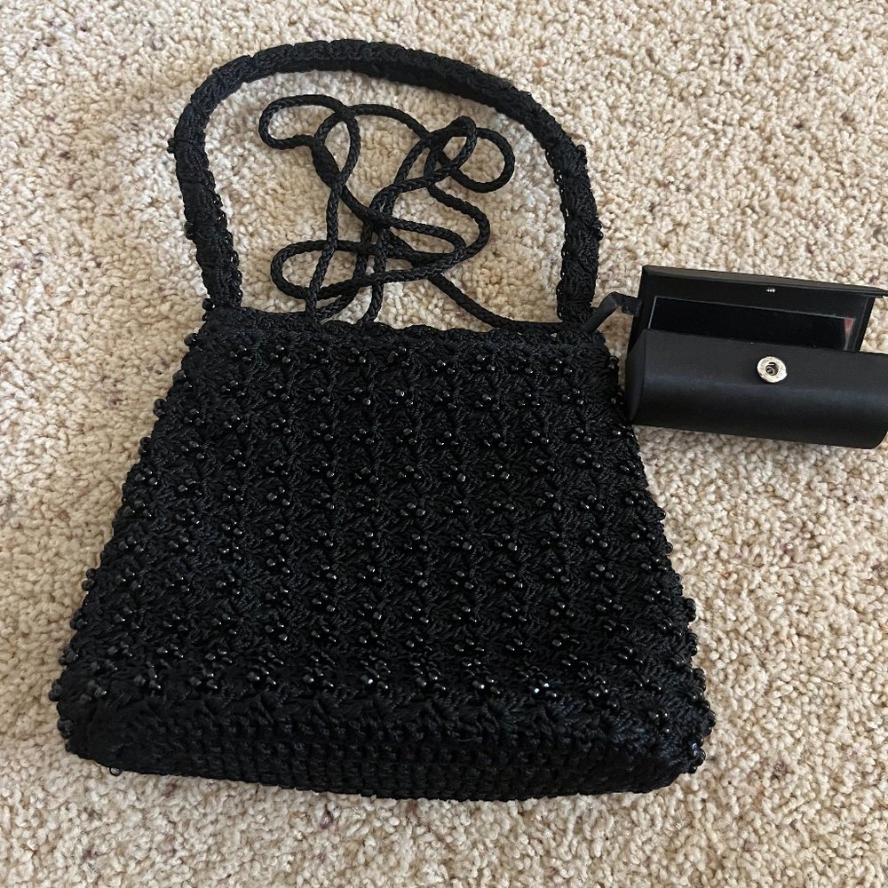 Small black beaded handbag with attached lipstick holder